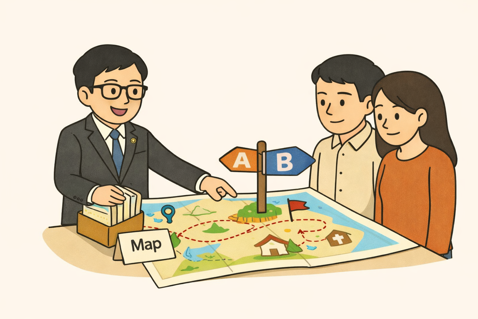 相談者にルートを案内するスポットチェックの道案内イラスト